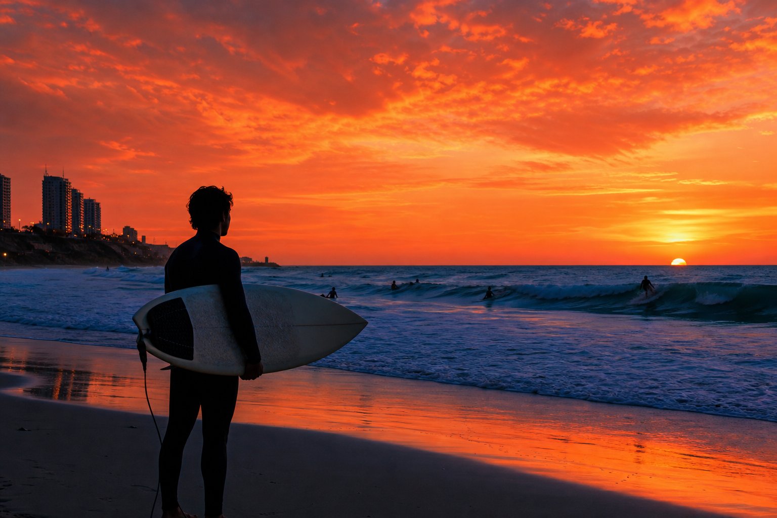 Sunset surf silhouettes on Netanya beach